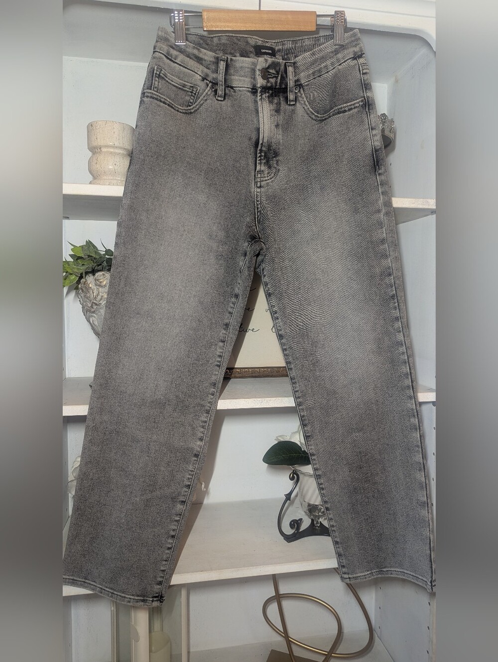 Express.  Gray Washed High-Rise Straight Jeans